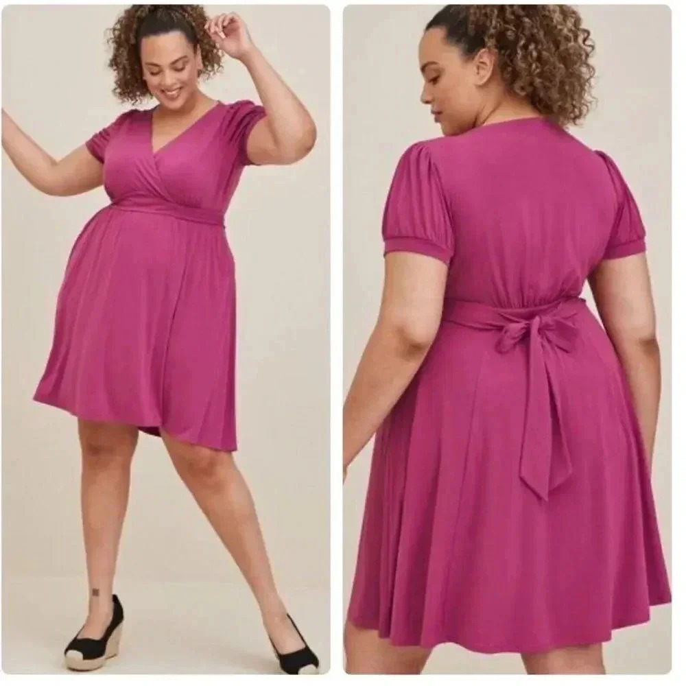 Torrid Midi Dress Studio Knit Surplice Puff Sleeve Purple Plus Pink Size New 2X